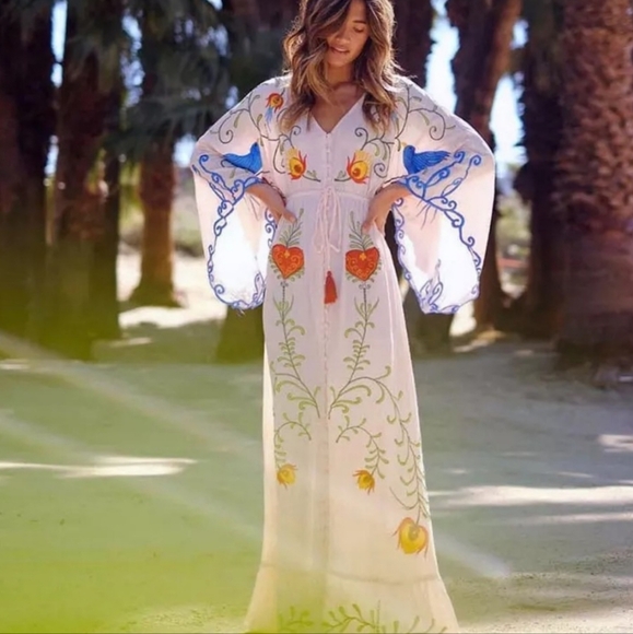 5 Star ⭐️ Favorite Boho Embroidered Hearts Magic Kimono Long Maxi Gown - Picture 5 of 8